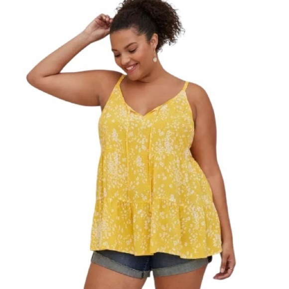 Torrid Tank Top Challis Tiered Tie-Front Cami Yellow Leopard Dainty Plus Size 1X - Picture 1 of 6